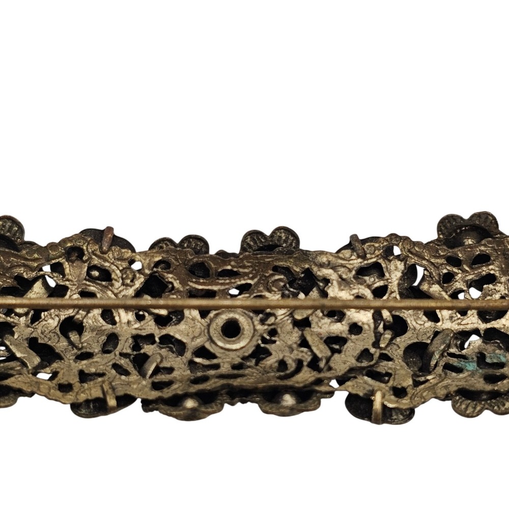 Vtg Czech Style Brass Floral Bar Brooch Multicolor Glass Rhinestones 3.5" Stmt - Picture 9 of 10